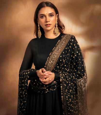 Aditi's Black Colour Embroidered Anarkali Suit Set
