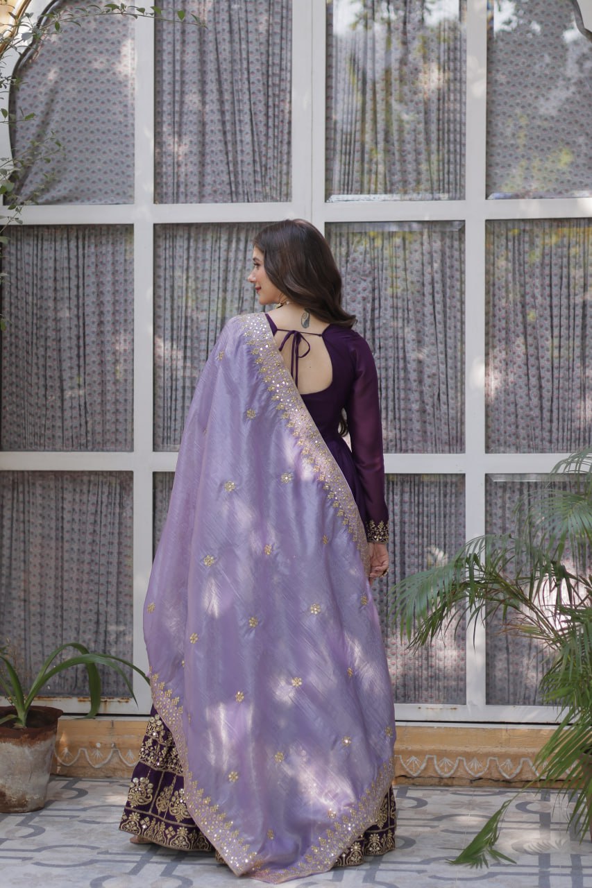 Purple Embroidered Party Wear Gown with Dupatta