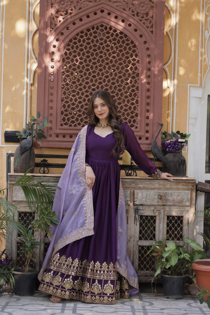 Purple Embroidered Party Wear Gown with Dupatta