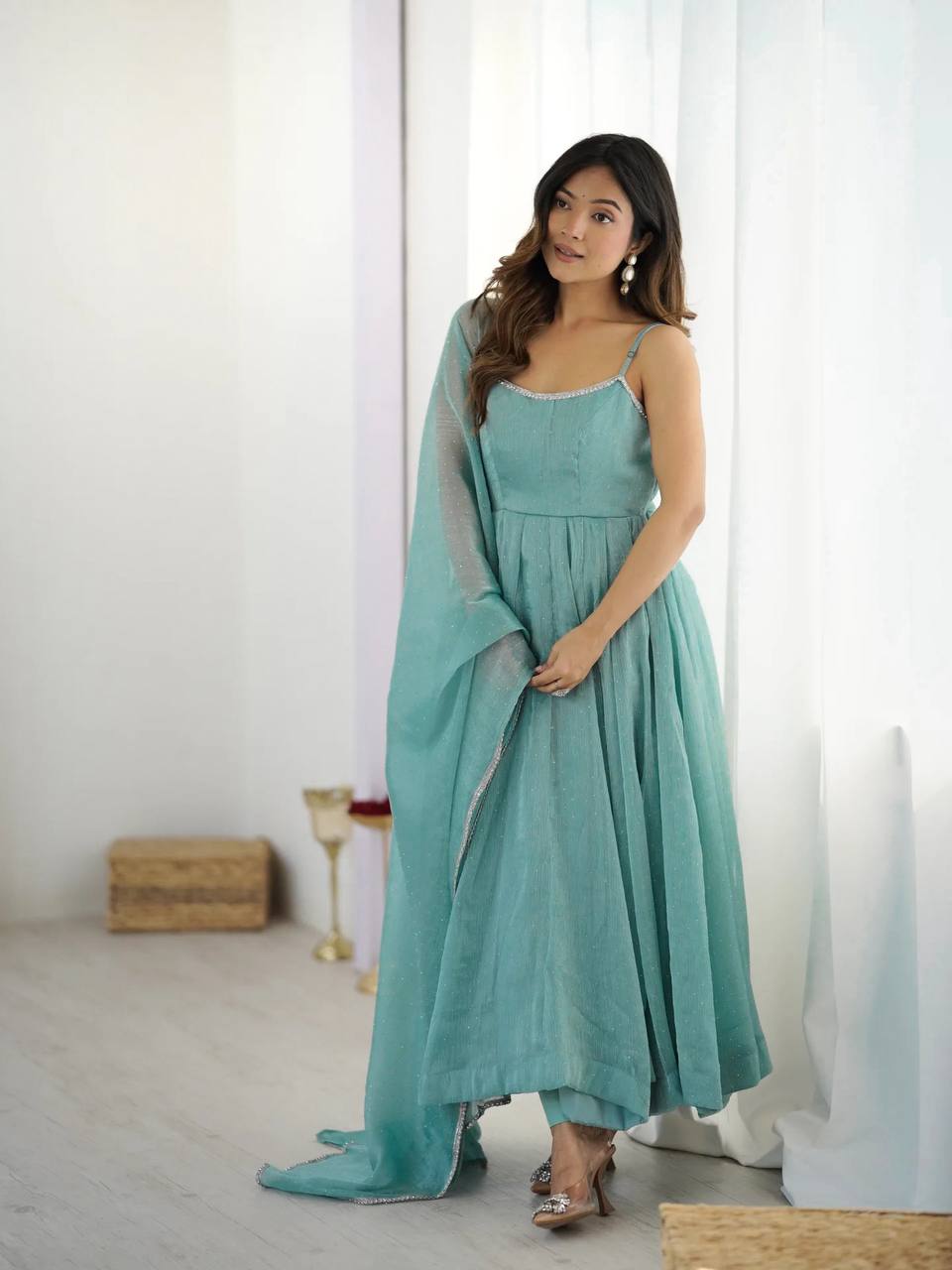 Mint Grace Silk Anarkali Set