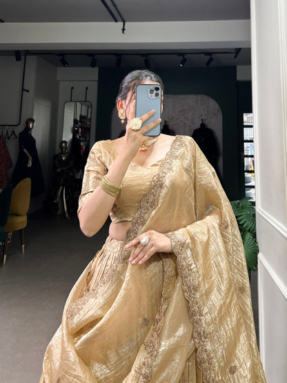 Rashmika Shine Like a Queen In Gold Crush Beauty Lehenga Choli