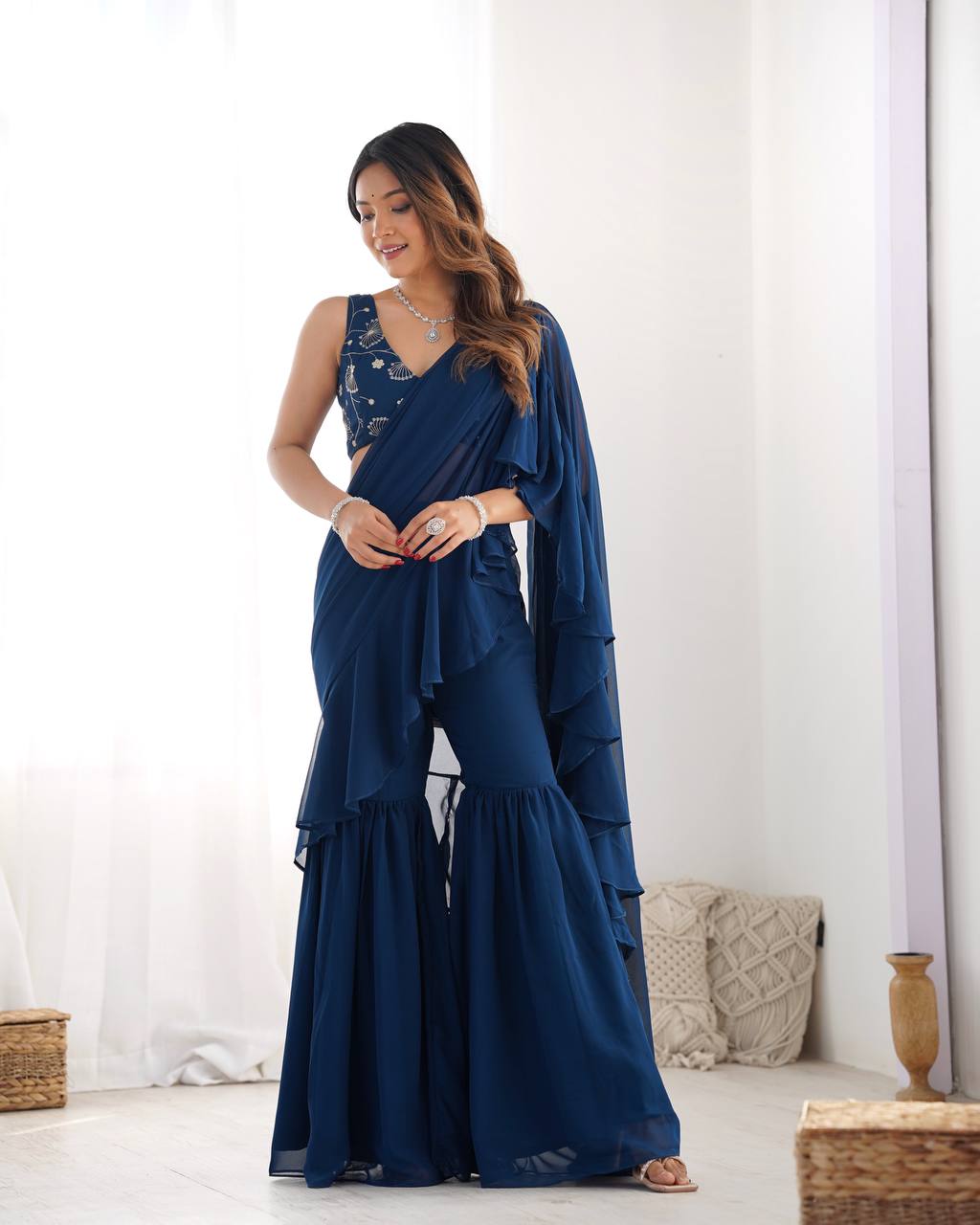 Stylish Party Wear Ruffle Saree Pant Set