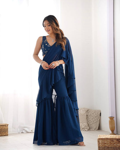 Stylish Party Wear Ruffle Saree Pant Set