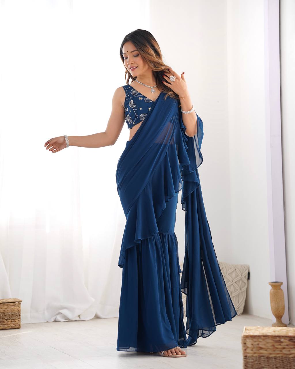 Stylish Party Wear Ruffle Saree Pant Set